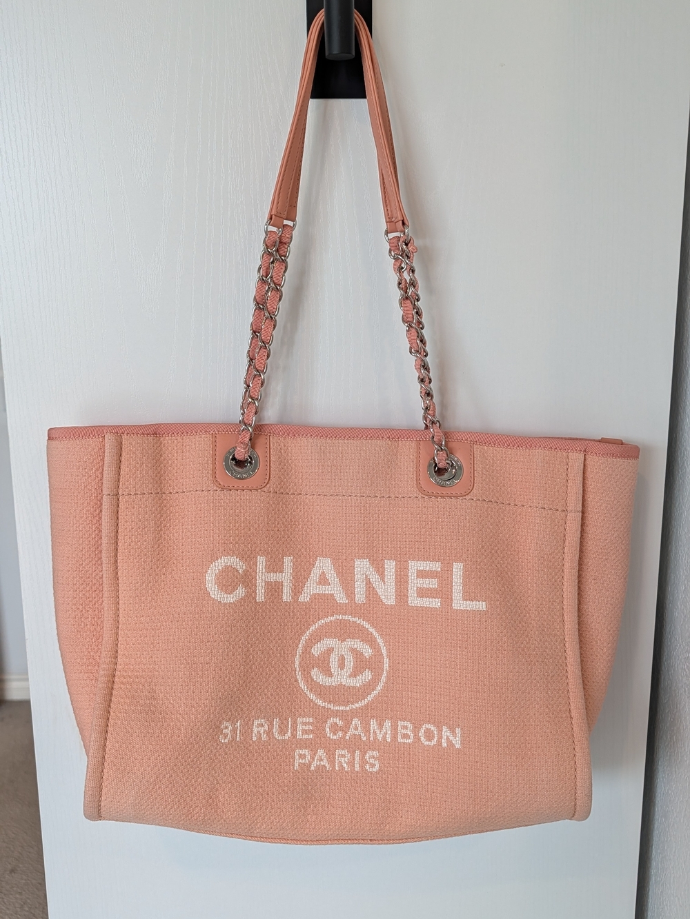 CHANEL Deauville Peach Chain-Handle Logo Tote